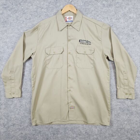 Dickies Work Shirt Khaki/Tan Size L Long Sleeve INNUENDO COMPANY LOGO Embroidery - Picture 1 of 16